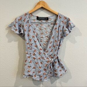 Code x Mode blue and white floral wrap top with ruffle sleeve size large